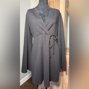 Pie In The Sky Black Waffle Knit Wrap Mini Dress Bell Sleeve XL NWOT
